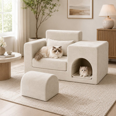 Fauteuil d'appoint convertible de 55,2 po adapté aux animaux de compagnie avec cachette intégrée pour chat et chien, siège escamotable en mousse à mémoire de forme et repose-pieds, beige