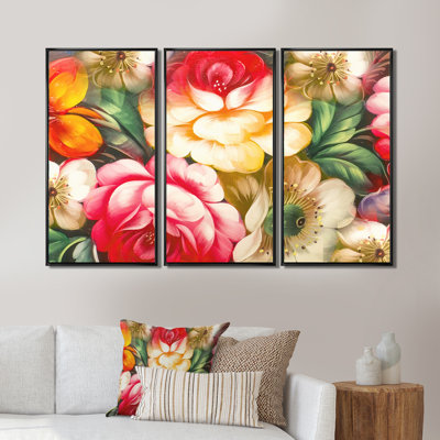 Fleurs jaunes et rouges rétro - ensemble d'art mural sur toile traditionnel encadré de 3