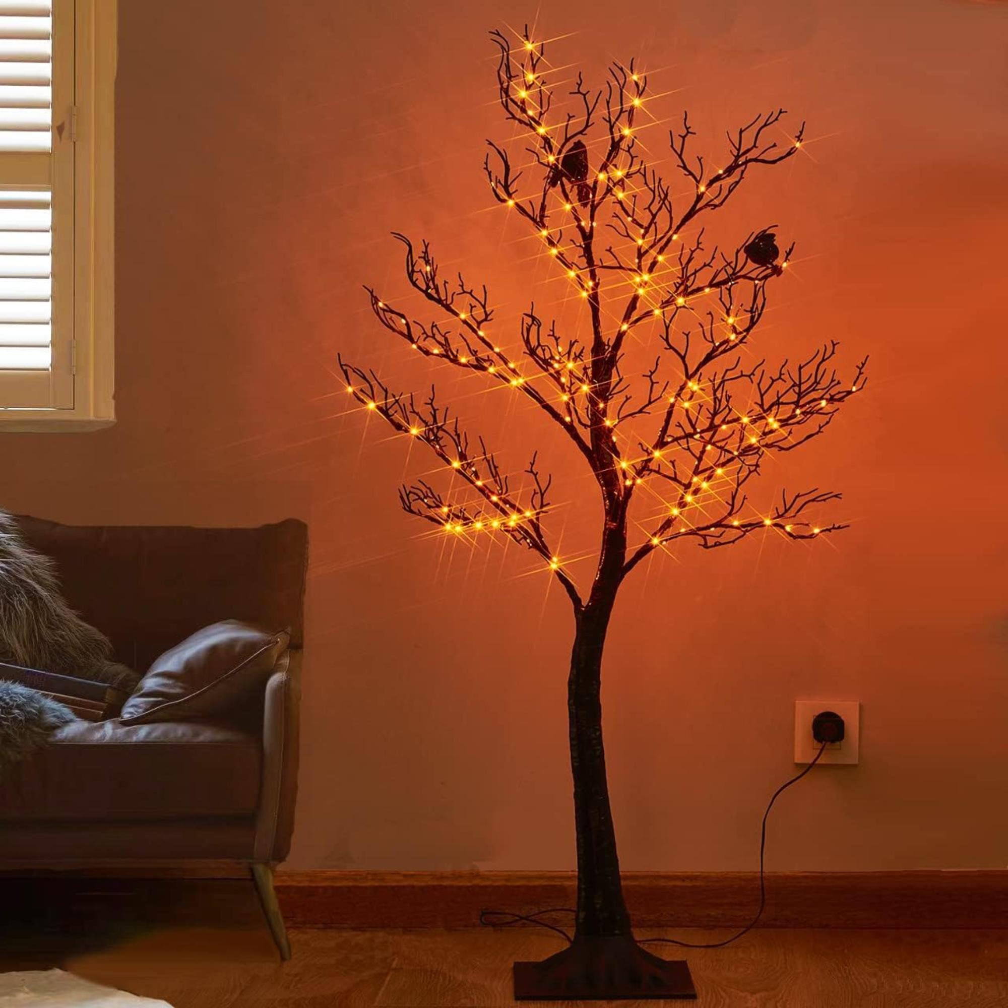 Halloween Tree With Lights 150 Orange Fairy Lights, 4TF Tell Black Glittered Tree Lights Pull In For Indoor And Outdoor Halloween Party Decoration