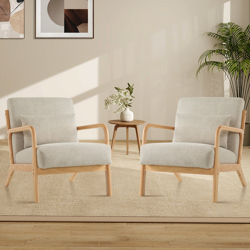 Accent Chair Set of 2 with Pillow Upholstered Mid-Century Chair Living Room Chair for Small Space Solid Wood Frame Reading Chair with Soft Thick Cushion Armchair for Bedroom Balcony Lightgrey