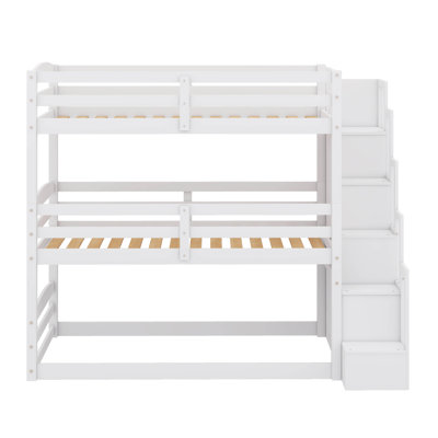 A Modern Triple Bunk Bed With A Storage Staircase, Featuring Wooden Twin-Sized Beds And Guardrails