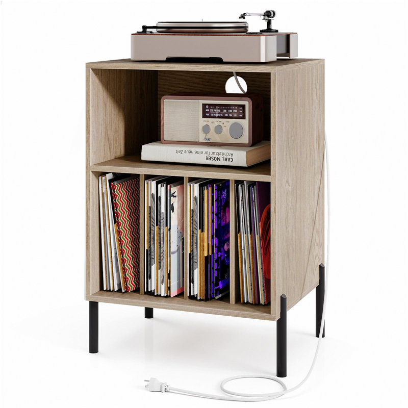 Record Player Stand With Charging Station, Holds 150 Albums, Oak, Tan