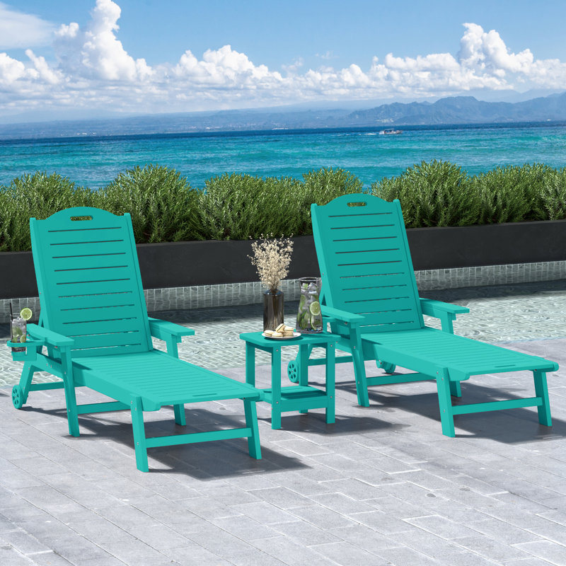 Brighton Outdoor 3-Piece Poly Reclining Chaise Set With Wheels & Cup Holder, Teal