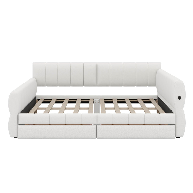 Queen Size Upholstered Platform Bed With USB And 2 Drawers, No Box Spring Needed, Easy To Assemble, White