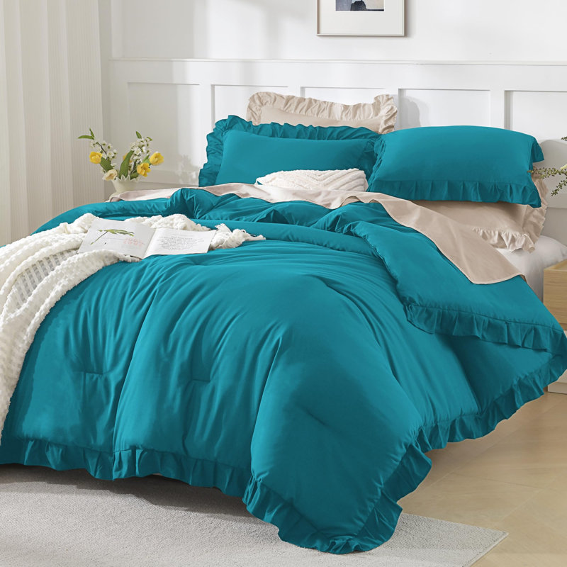 Andency Oversized King Ruffle Comforter Set 120x120, 3 Pieces Turquoise Lightweight Fluffy Super King Bedding Set, Shabby Chic Famhouse All Season Bed Set for Girls Women