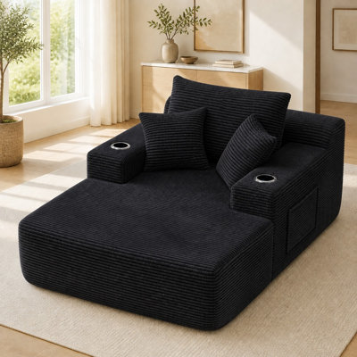 Fauteuil lounge extra-large en velours côtelé de 170 cm de long, fauteuil d'appoint moderne et profond avec 3 coussins, 2 porte-gobelets et une poche de rangement latérale, aucun assemblage requis, noir