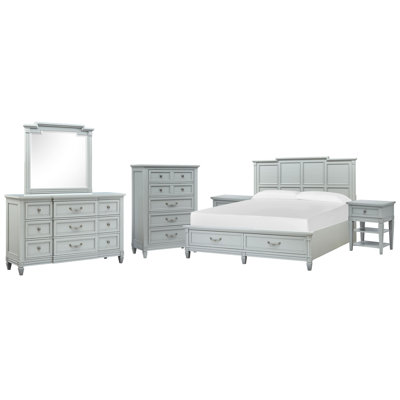 Très grand lit à panneaux avec rangement et commode à 2 tiroirs avec miroir de paysage et commode