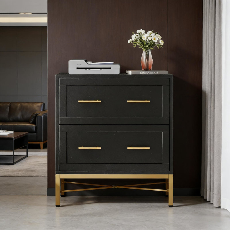 Classeur de bureau élégant à 2 tiroirs avec rails réglables pour dossiers de format lettre, légal et A4, finition blanche, pieds dorés, système de verrouillage, support mural optionnel, armoire de rangement idéale pour la maison,