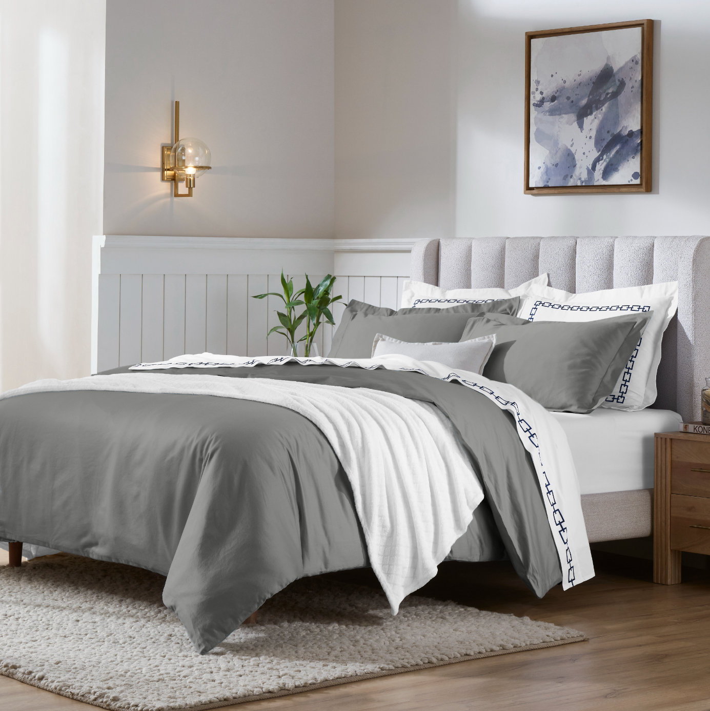 Egyptian Cotton Duvet Cover Set, Gray, Full/Queen Duvet Cover + 2 Pillow Sham