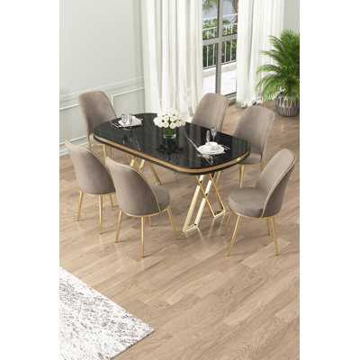 Ensemble de table et chaises de salle à manger moderne 7 pièces, marbre noir avec finition or et cappuccino | Panneau 100% laqué, pieds en métal | Table: 66,1 po x 29,9 po x 35,4 po, chaises: 17,7 po x 35,8 po x 16,5 po | Siège confortable en mousse, design glamour