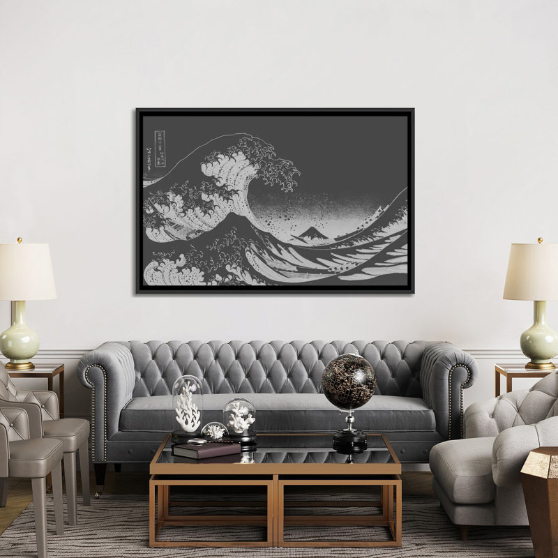 Impression d’art graphique sur toile tendue « sketch of Great Wave » par Katsushika Hokusai, Toile avec cadre flottant noir