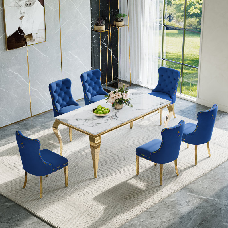 7-Piece Dining Table Set, Marble Veneer MDF Dining Table, With 6 Velvet Dining Chairs, Gold, Blue/Gold