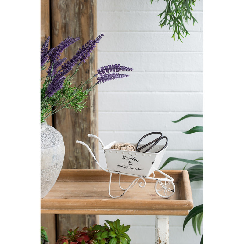 11.5 - Inches Deep, White, Wheelbarrow Shaped Planter, Small Live Succulents, Shelving Wide, Faux Florals, Tabletop