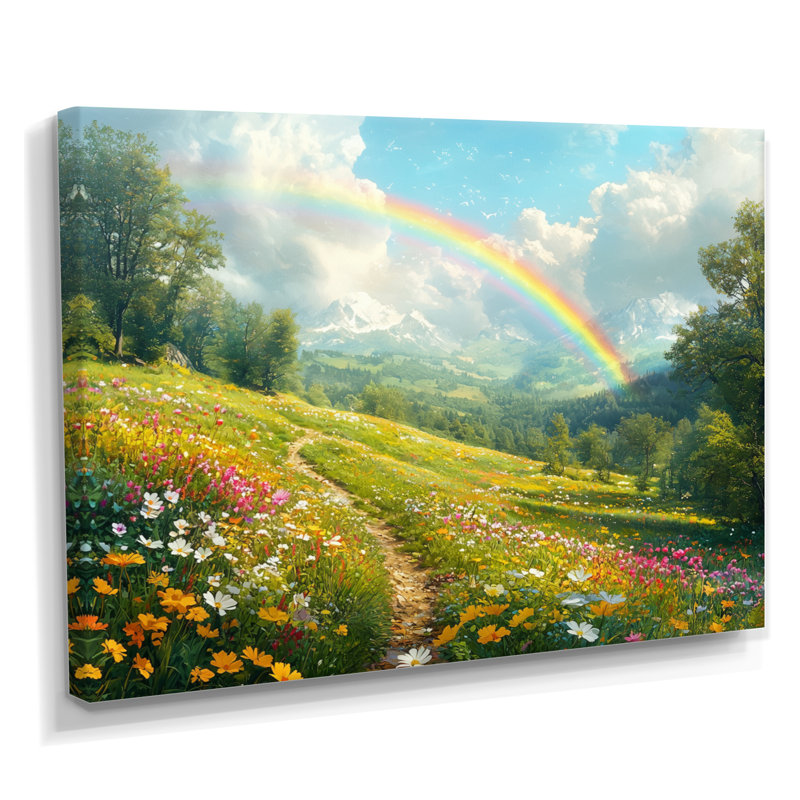 Arc-en-ciel au-dessus de la prairie au printemps II - art mural arc-en-ciel, Toile tendue, H 16 po x l 32 po