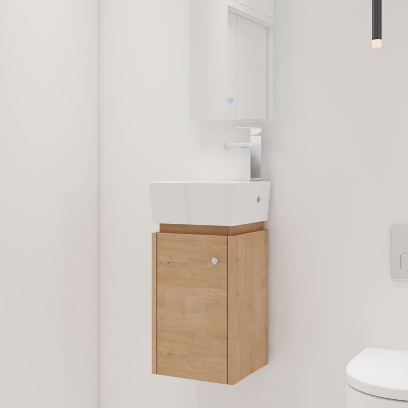 Donnadio 12" Wall Mounted Corner Single Bathroom Vanity,Floating Vanity with 1 Door and White Ceramic Sink Top, Imitative Oak