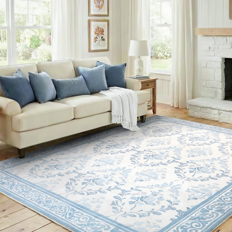 8' X 10' Non-Slip Indoor Area Rug with Floral Pattern Machine Washable,Dusty Blue, Rectangle 8' x 10', Dusty Blue
