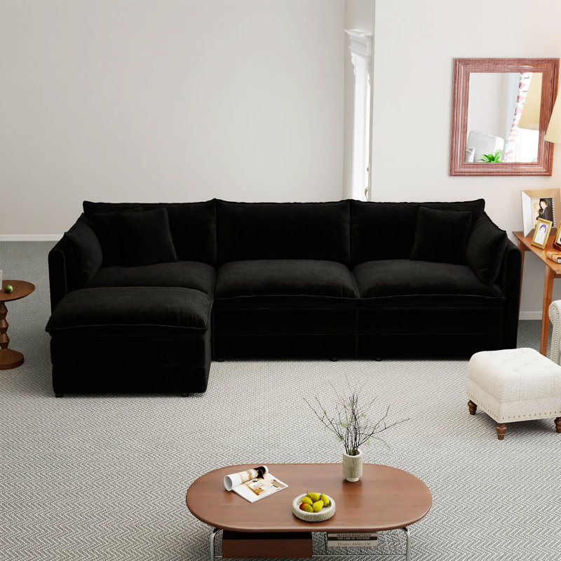 112" L Shaped Modern Sofa Modular Sectional Cloud Couch With Ottoman, 4-Seat Chenille Deep Seat Sofa With Pillow For Living Room