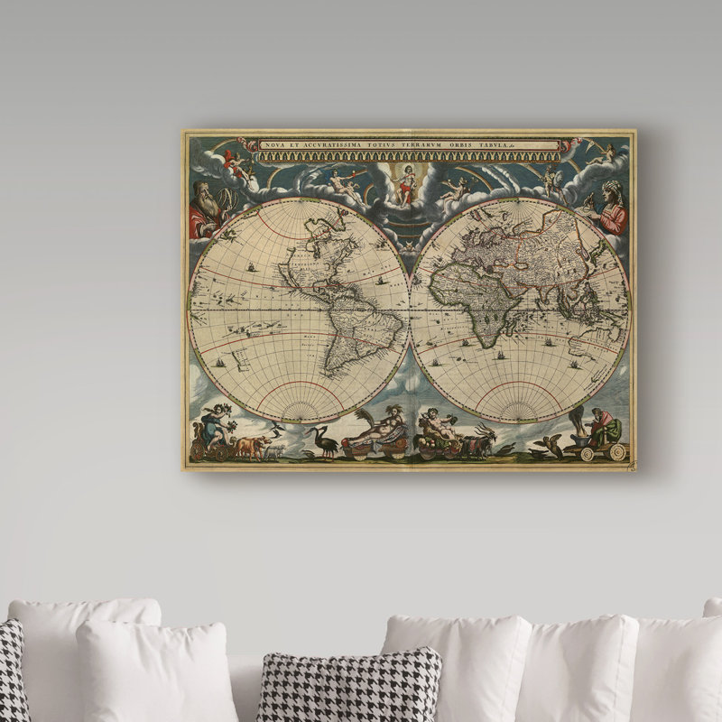 « map of the world 1684 », publicité sur toile tendue, H 14 po x l 19 po x P 2 po