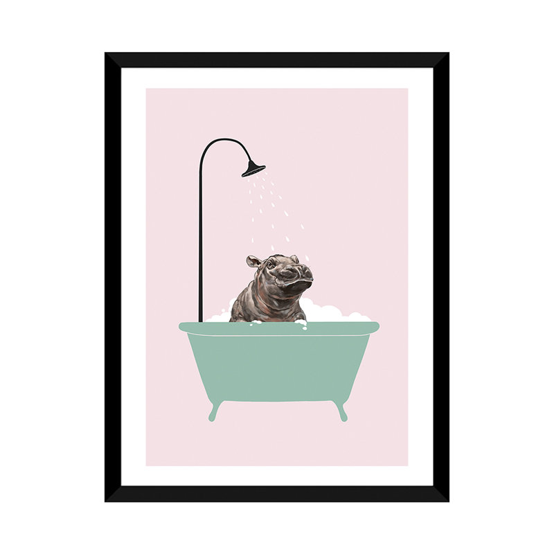 Hippopotame dans une baignoire, art encadré, H 32 po x l 24 po x P 1 po, Papier avec cadre noir
