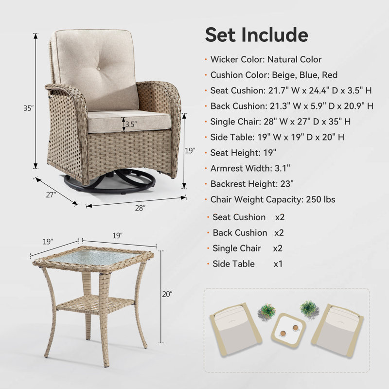 Chaises pivotantes d'extérieur avec coussins 3 pièces Maximos, Naturel, Beige