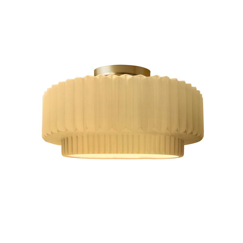 Radiance Ceramic Pleated Semi-Flush Mount, Muted Yellow, Brushed Brass, 7" H x 12" W x 12" D