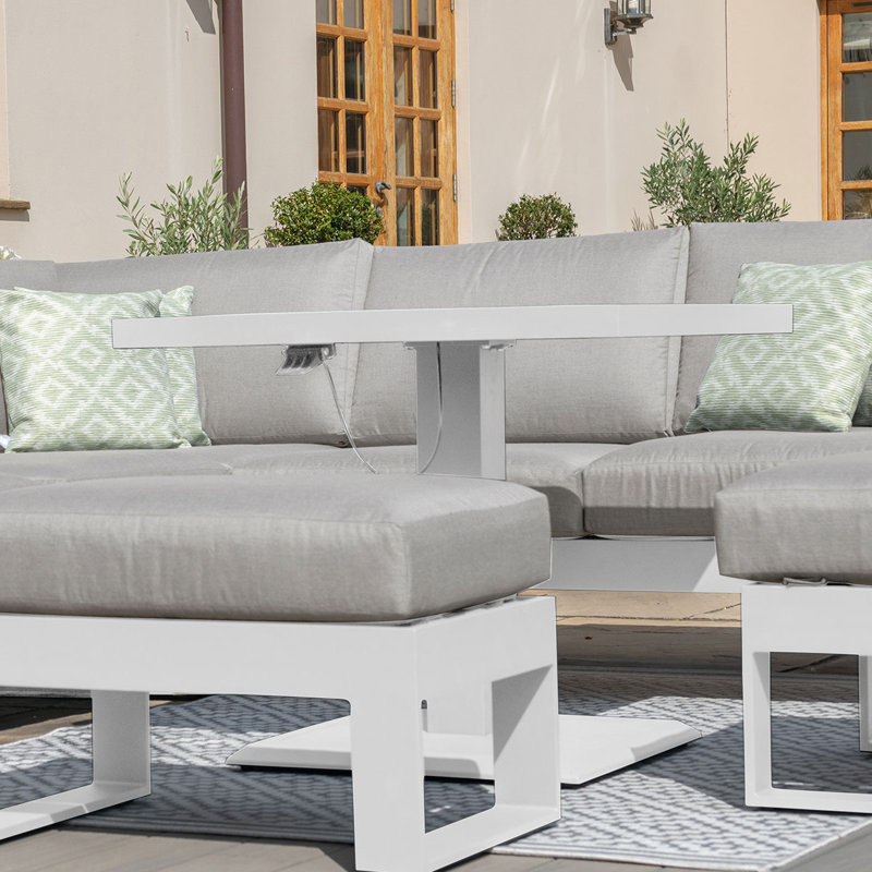 Dawana Square Aluminium Corner Dining Set - with Rising Table & Footstools - White