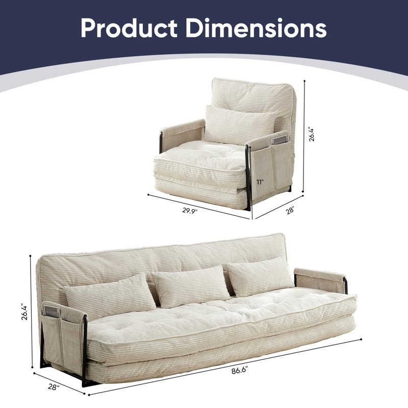 1+3 Piece Convertible Sofa Bed Set - Reclining & Sectional With 6-way Adjustable Backrests, Tufted Corded Fabric, Storage Pockets - Space-saving Living Room Solution