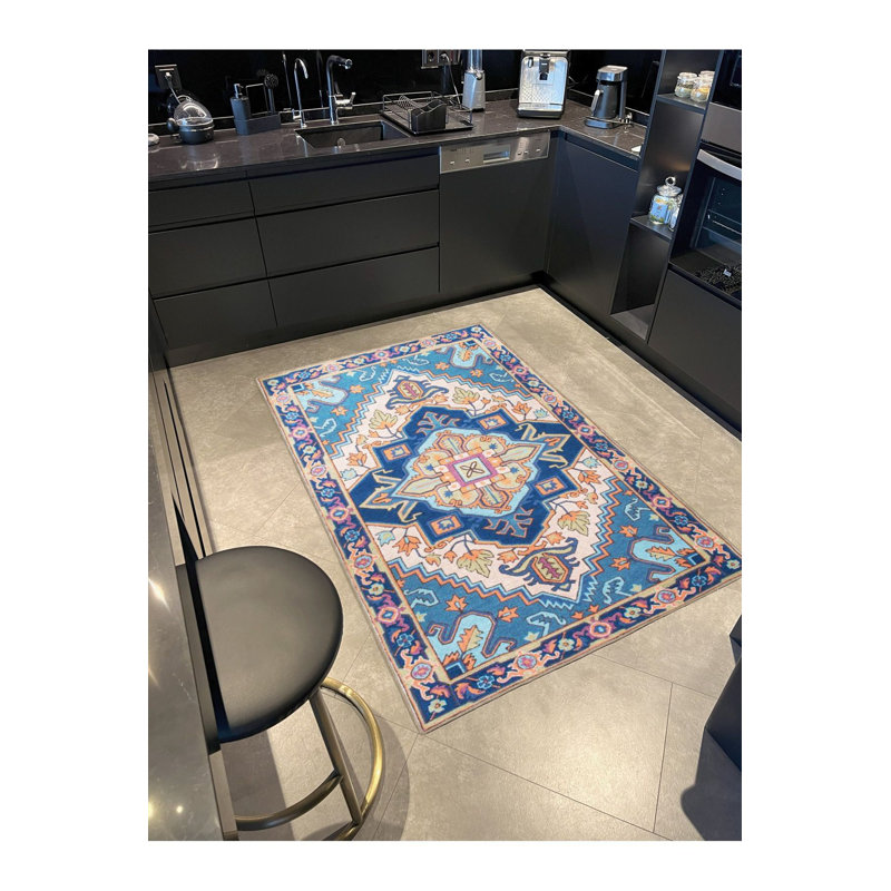 Tapis tissé traditionnel lavable à motifs bleus, Sous-tapis rectangulaire de 3 pi 3 po x 4 pi 11 po