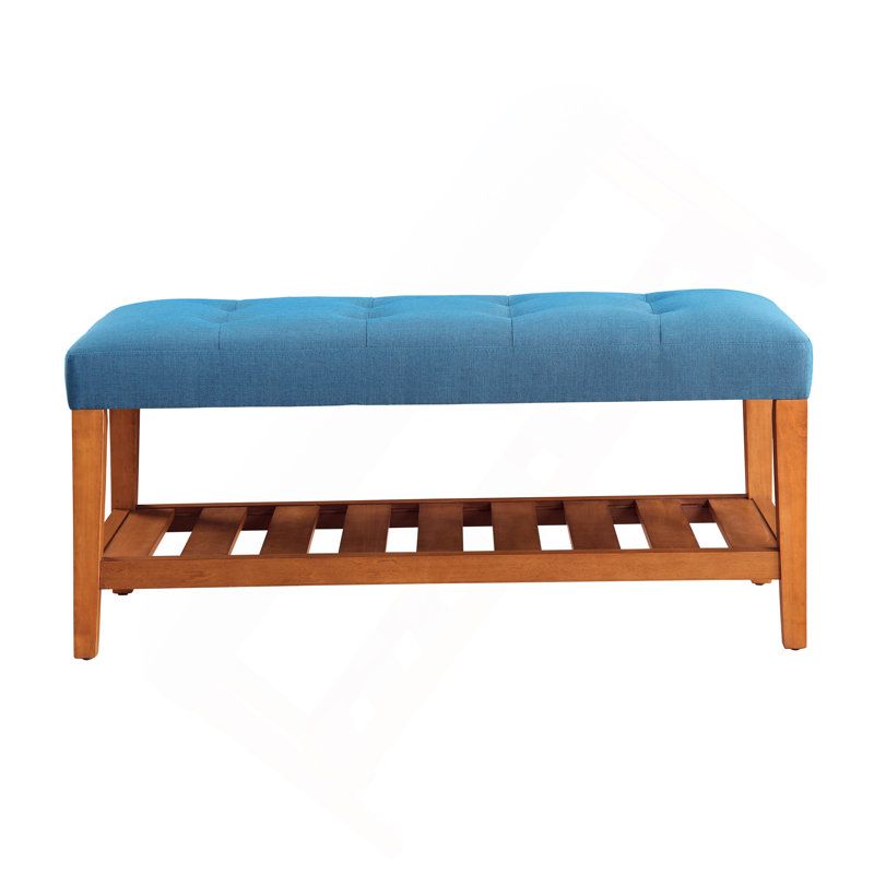 Banc en tissu et finition chêne Charla, Bleu clair