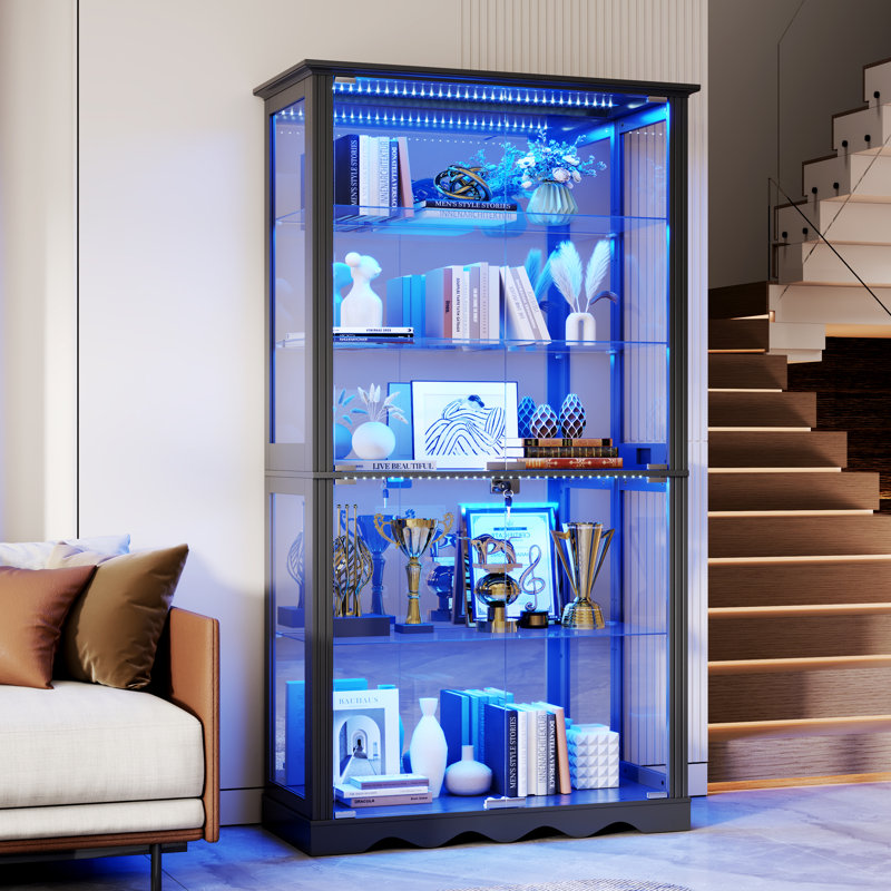 Vitrine en verre de 70,9 pouces de hauteur, vitrine à 5 niveaux avec éclairage RVB et capteurs de présence humaine, Noir