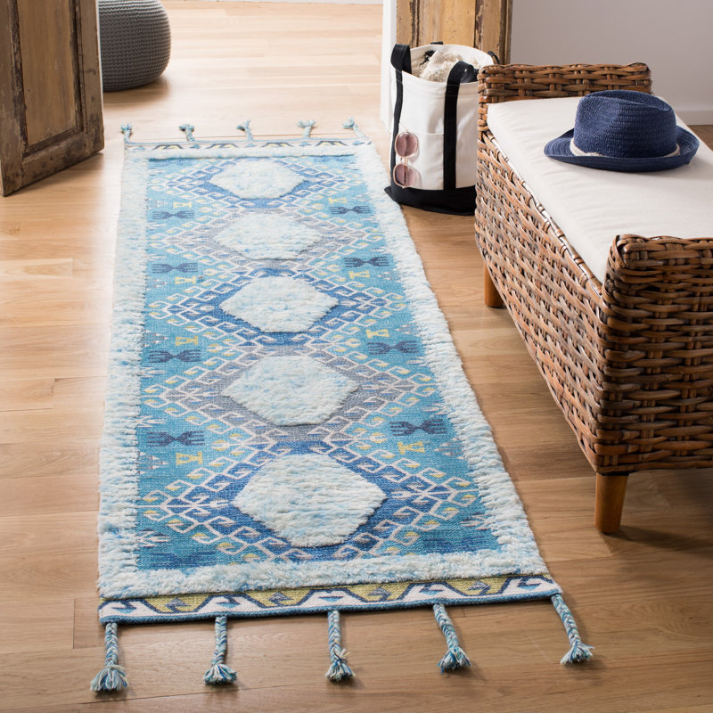 Tapis bleu en laine Joppatowne, Tapis de couloir 2 pi 3 po x 8 pi