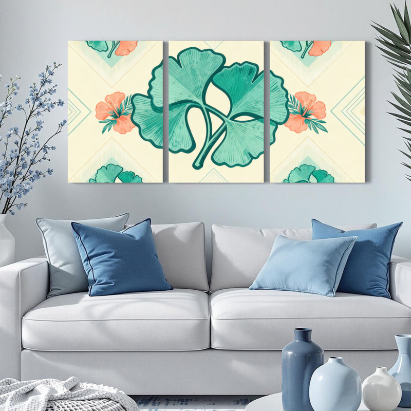 Feuille de ginkgo et art floral sur toile, ensemble botanique rétro (ensemble de 3), H 36 po x l 72 po