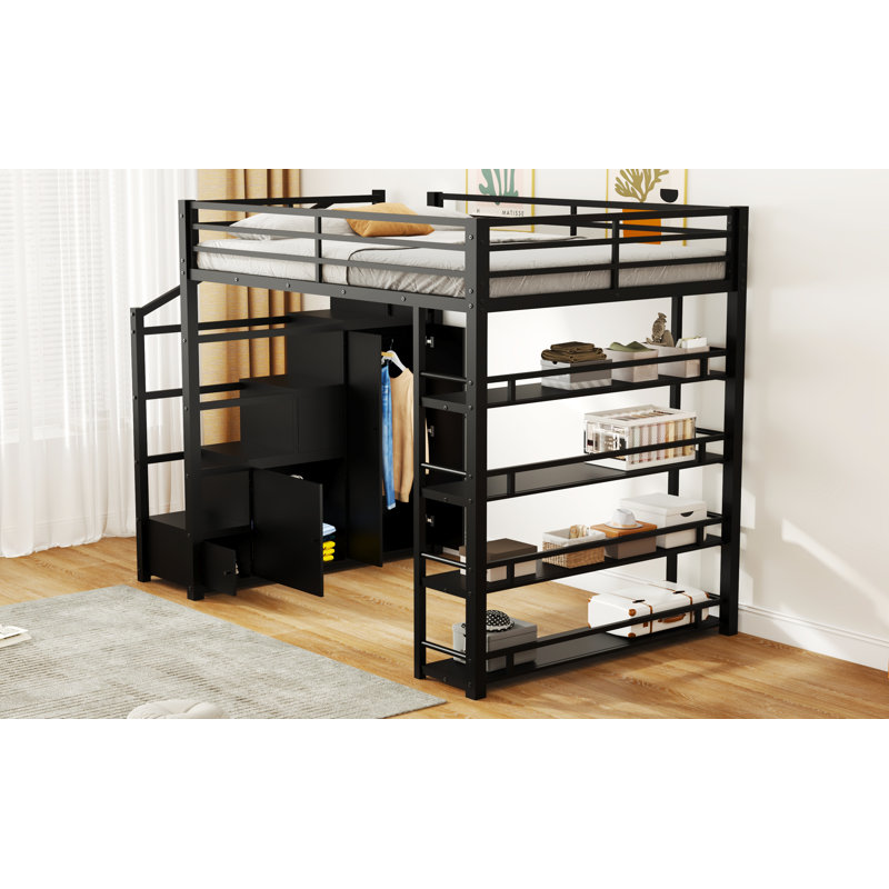 Grand lit mezzanine en métal avec tablettes de rangement, armoires et garde-robe, noir, Queen