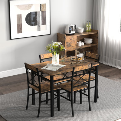 Rustic Brown, Dining Table And Chairs For 4, Compact Kitchen , Industrial Look, Steel, High Weight Capacity 4 - Person Wood In Brown Space Saving, Comfortable Reclining Chairs, Easy Maintenance,