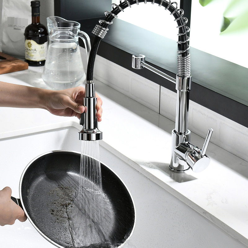 Contemporary Single Handle Lever Kitchen Faucet With Pull Down , , Spring - Down, Multifunctional, Easy Installation Commercial Hole Sink Finish, To Operate, Multifunctional Water Outlet