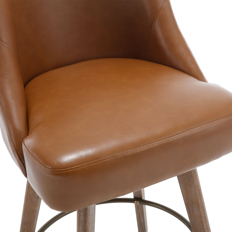 Brown Faux Leather Swivel Counter Stools with Wood Legs, Set of 3