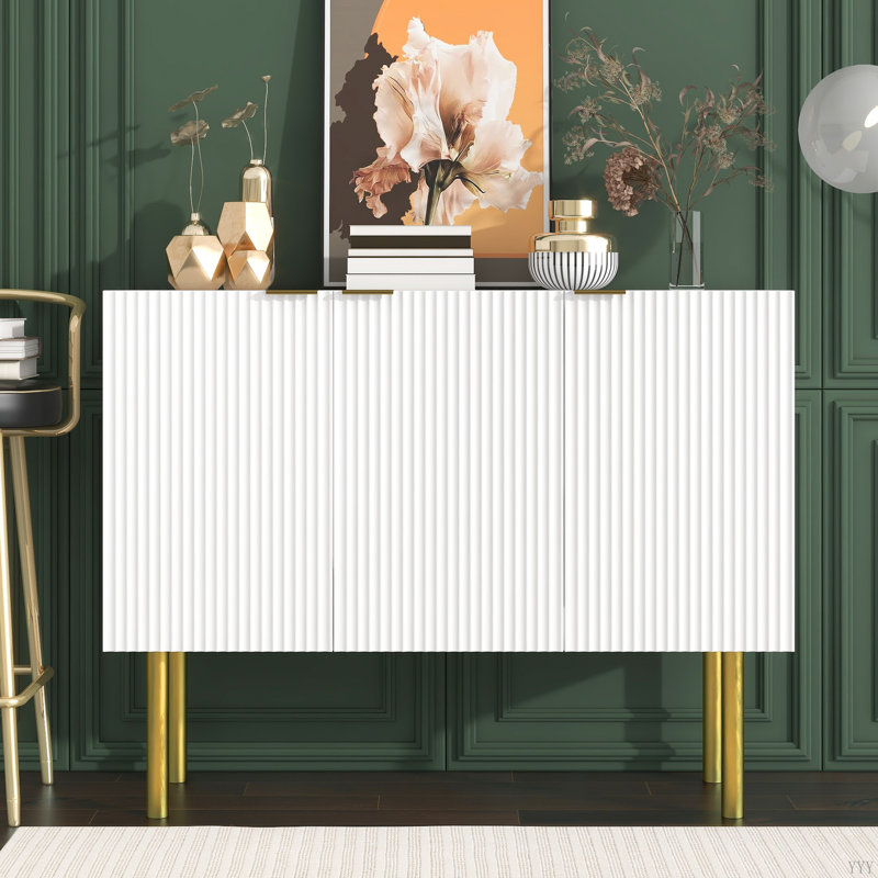 Geovanna Modern Luxury Sideboard Cabinet  Particle Board & MDF with Gold Metal Legs, Adjustable Shelves, White