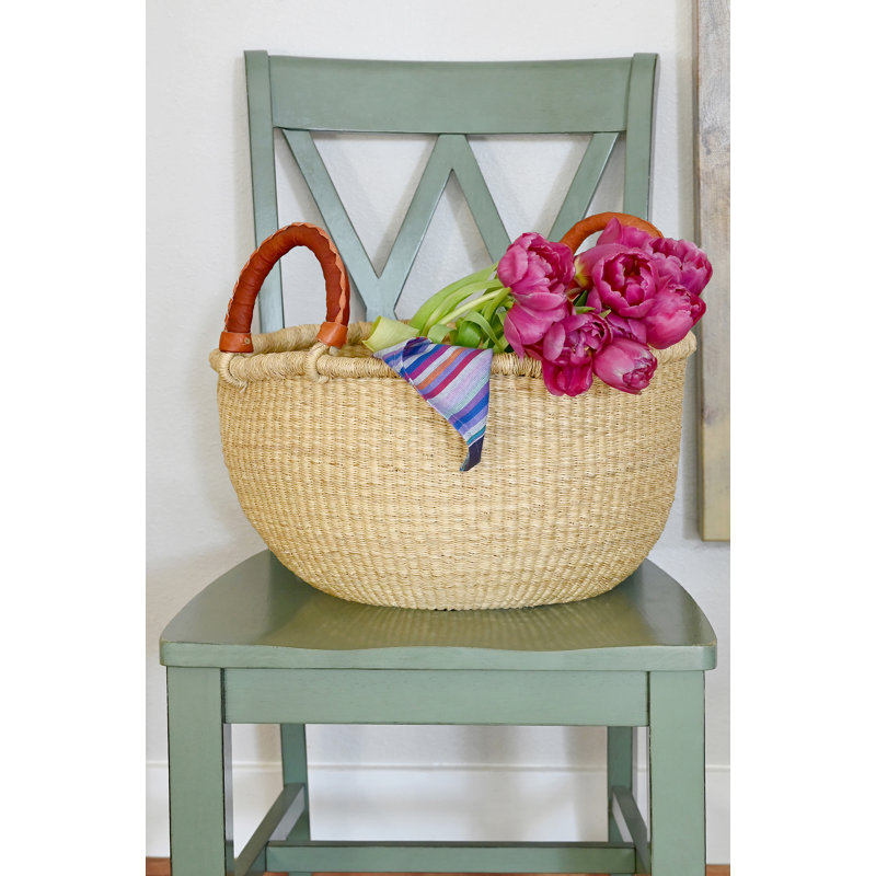 All Natural Bolga Basket with Leather Wrapped Handles