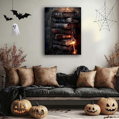 Vintage rétro photos d'Halloween 20 x 30, livres anciens sur toile, affiche enchaînée et clé magique, art de toile gothique effrayant pour la décoration d'Halloween