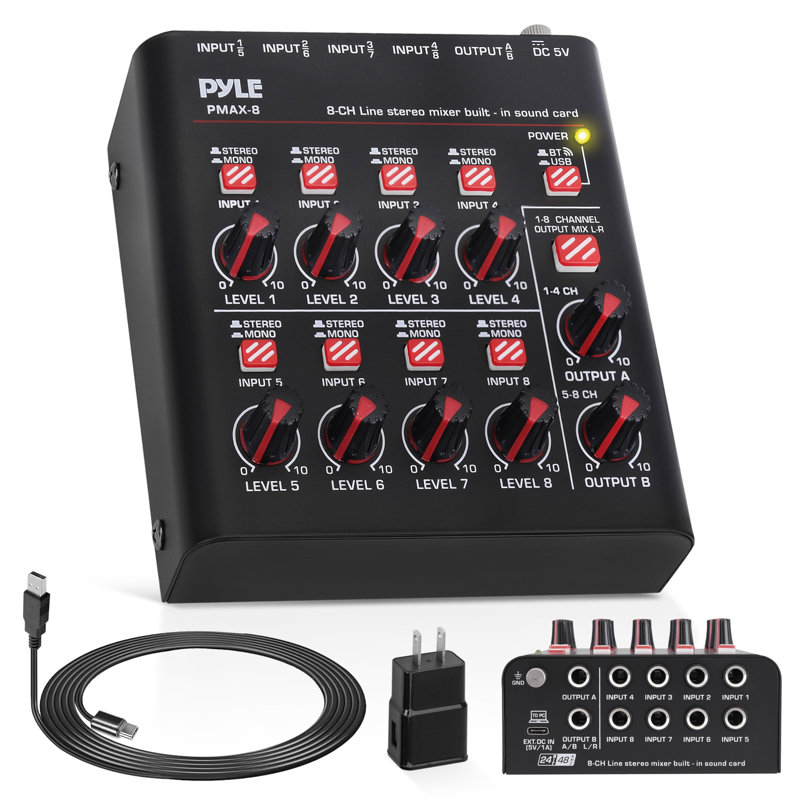 Mini table de mixage sans fil à 8 canaux Pyle avec entrée USB Pyle Pyle - 8 entrées mono / stéréo à découpage | Conception à très faible bruit avec une hauteur libre élevée | Carte son USB intégrée - PMAX8