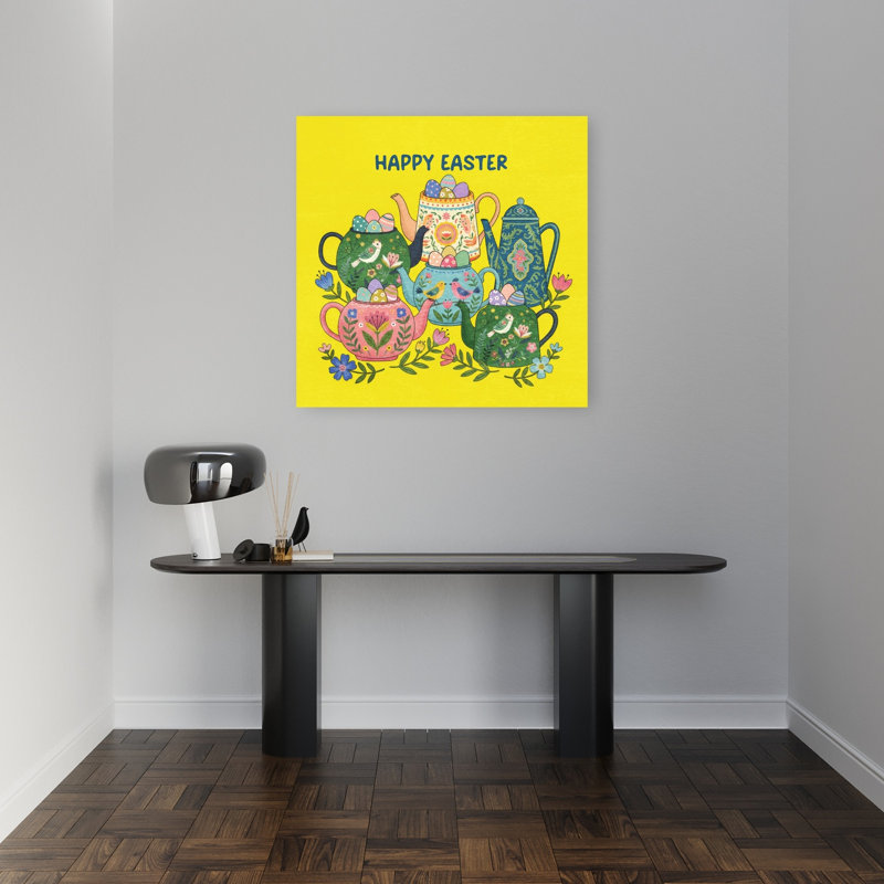 Joyeuses Pâques, théières, oiseau fantaisiste coloré, printemps, impression murale, 32" H x 32" W