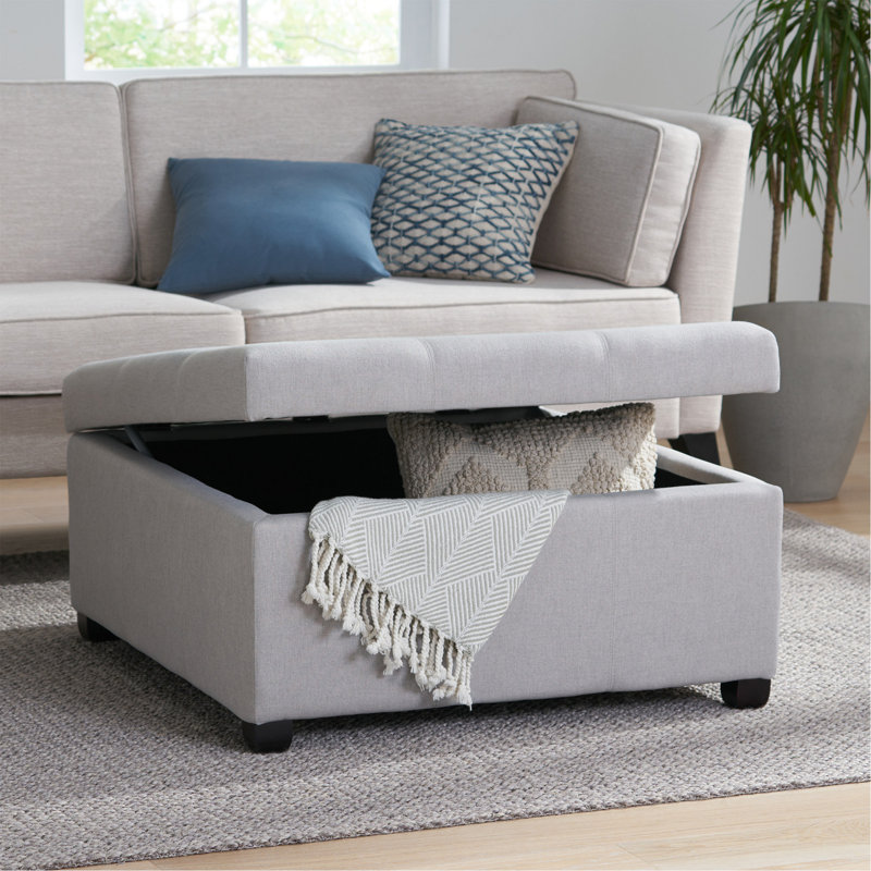 Repose-pieds carré capitonné avec rangement de 35 po Jamil, Mélange de polyester - gris clair
