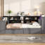 Lit double en bois gris avec tablettes de rangement, tiroirs, charge intégrée, éclairage à DEL et une tête de lit avec plateforme de rangement, station de charge et bureau rembourré