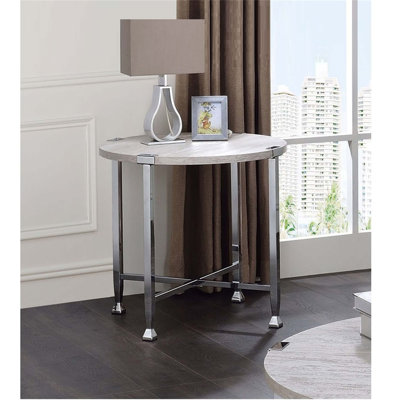 Table de bout ronde contemporaine avec plateau en bois et structure en métal, parfaite pour les salons modernes et polyvalente