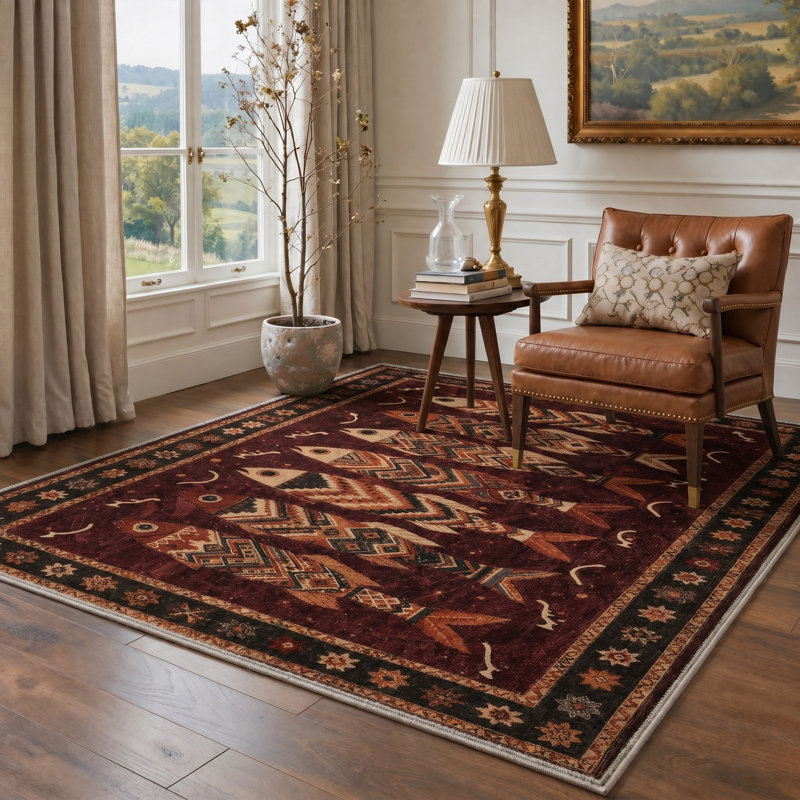 Tapis de couloir oriental rouge / brun clair avec passe-partout Fish, Runner 2' x 7'