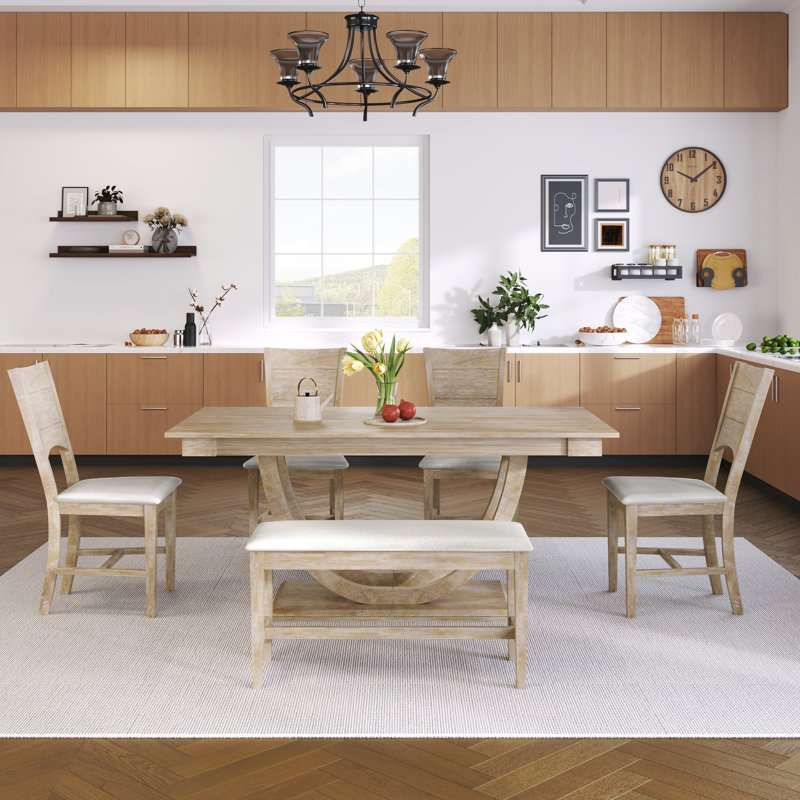 Ensemble de 6 tables de salle à manger en bois 6 pièces avec banc long et 4 chaises, style moderne, naturel