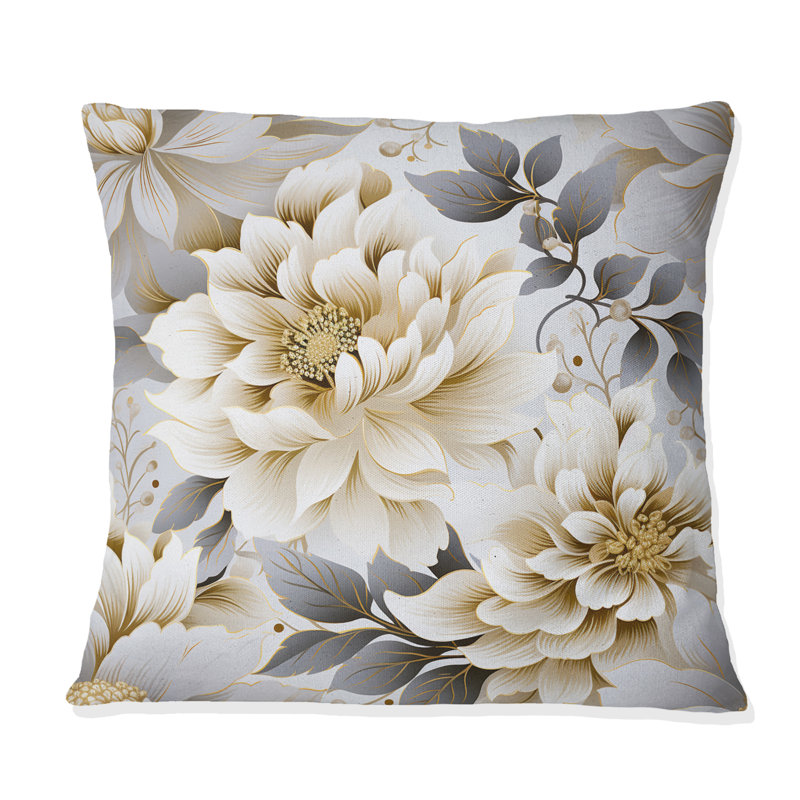 Coussin décoratif blanc et doré à motif floral de mandalas II, H 18 po x l 18 po