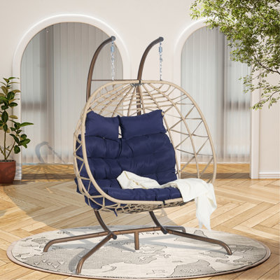 Double Egg Chair With Stand Hanging Indoor Outdoor Rattan Patio Basket Egg Swing Chair Hammock Egg Chairs With UV Resistant Cushions 600 Lbs For Bedroom Balcony Patio