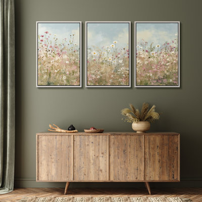 Pastel Wildflower Meadow under Soft Blue Sky – Pictures Framed Canvas Print 3 Pieces Wall Art
