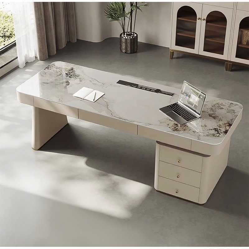 Sintered Stone Top Desk with Handcrafted Leather Wrap, 29.5" H x 70.9" W x 27.6" D